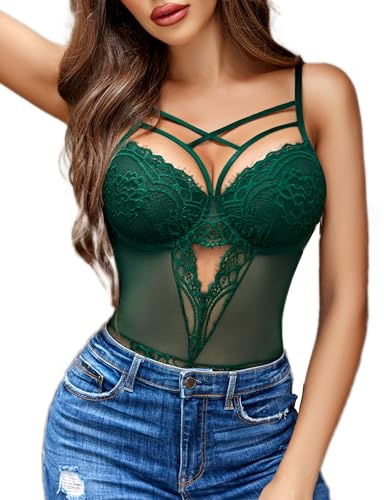 Avidlove Dam spets body sexig sexiga underkläder korsett underkläder curvy bodysuit teddy one piece underkläder, Mörkgrön, S