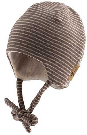 Sterntaler Beanie gestreift aus Microfleece - Baby und Kinder Mütze mit angeschnittenen Ohrenklappen und Bindeband - gefüttert mit Baumwollfleece - dunkelgrau, 37