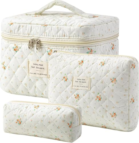 Starnearby Lot de 3 Trousse de Toilette Matelassée Femme en Coton Doux, Trousse de Maquillage Fleurie, Pochette de Rangement Maquillage, Trousse de Beauté, Trousse Cosmétique Voyage
