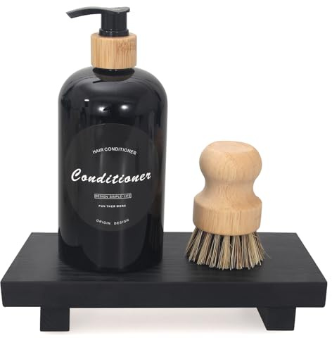 Wooden Pedestal Stand Black Bathroom Counter Organizer Tray Decor Farmhouse Wood Risers Small Hand Soap Dish Dispenser Holder for Kitchen Sink Modern Bathroom Vanity Accessories Decorative Tray