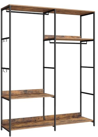 SONGMICS Kleiderschrank offen, Kleiderständer, Garderobenständer, Garderobe mit Kleiderstange, Ablagen, abnehmbare Haken, 40 x 118 x 181 cm, vintagebraun RGR025B01