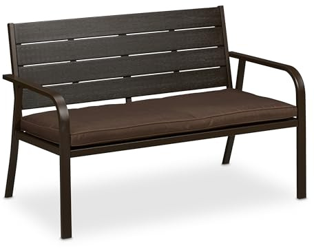 Relaxdays Panca da Giardino, Panchina con Cuscino da Esterno, 2 Posti, 78 x 118 x 66 cm, per Balcone e Terrazza, Marrone