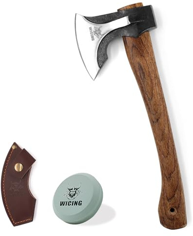 WICING Camping Hatchet, 14.2-inch Splitting Axe with Leather Sheath, Chopping Axe 1065 High Manganese Steel and Hickory Handle