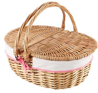 JJSQYLAN Wicker Picnic Basket with Lid & Handles Wicker Handwoven Basket Vintage-Style Picnic Hamper with Liner for 2 Natural 17 x 13 x 7