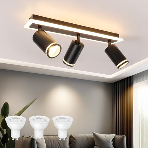 URing Deckenstrahler LED Schwarz Deckenstrahler 3 Flammig Schwenkbar 350° | Deckenleuchte mit unteres Glühen 10W+ 3x5W GU10 LED, Küchenlampe GU10 Deckenlampe Spots für Küche, Wohnzimmer, Flur