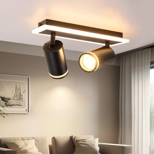 URing Deckenstrahler LED Schwarz Deckenstrahler 2 Flammig Schwenkbar 350° | Deckenlampe Strahler mit unteres Glühen 8W+2x5W GU10 LED, Deckenleuchte 3000K Warmweiß, Deckenspot Lampe für Küche Flur