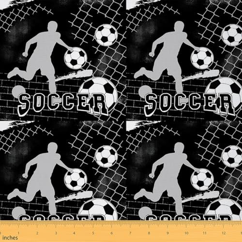 Loussiesd Fußball Stoff 92x150cm Fußball Dekorative Patchwork Stoffe für Jungen Mädchen Gaming Sport Stoff Meterware für Stühle Fußball Ball Spiel Schwarz DIY Stoffpaket