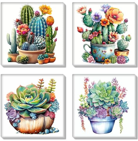 HEIBAGO Malen nach Zahlen für Audlts, gerahmtes Malen-nach-Zahlen-Set für Anfänger, DIY Sukkulenten, Ölgemälde nach Zahlen, Leinwand, Kunst, Bastelbilder für Heimdekoration, 20,3 x 20,3 cm, 4 Stück