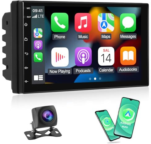 NHOPEEW Android Autoradio mit Drahtlos Carplay und Android Auto - 7 Zoll Autoradio Unterstützung WiFi GPS EQ DSP Split Screen Lenkradsteuerung + Bakcup Kamera
