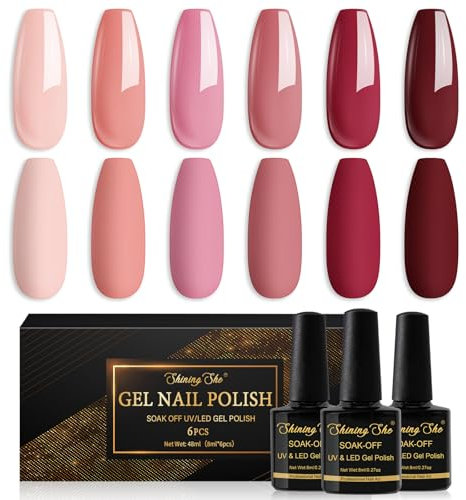 Shining She Smalto Semipermanente Unghie, 6 Colori Rosso Nude Rosa Bordeaux Smalti Semipermanenti per Unghie Soak Off UV LED Gel Unghie Nail Salon per Principianti,8ML