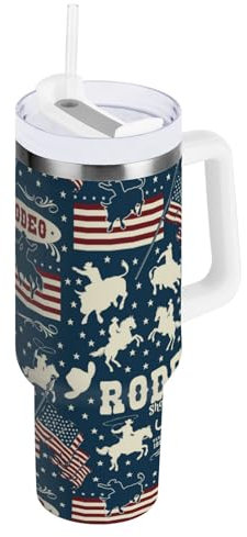 OWFKAY Bicchiere da caffè isolato da 1180 ml, con coperchio e cannuccia, in acciaio inox, per uomini e donne, idea regalo unica, cowboy americano, modello 6