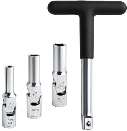 LEONTOOL Glühkerzenentfernungswerkzeug mit 3/8-Zoll-T-Stange, 8 mm, 10 mm, 12 mm, Universalgelenk, Drehgelenk, Glühkerzenschlüssel, Ausdreher-Set für Rasenmäher, Auto, Motorrad, LKW, 6-Punkt, 4 Stück