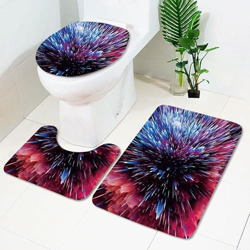 Badezimmerteppich Lila Feuerwerk WC Vorleger mit Ausschnitt WC Deckelbezug 3 Teiliges WC Teppich rutschfeste Badgarnitur U förmiger Badematte Waschbar Bad Teppiche Set 45x75 cm