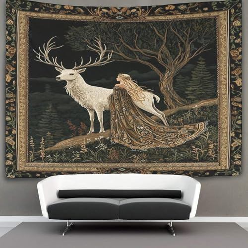 kaiyun Hirsch und Frau Tapisserie Wandbehang Mittelalterlicher Stil Wandteppiche Für Schlafzimmer Wohnzimmer Wohnheim Dekor 100cmx150cm