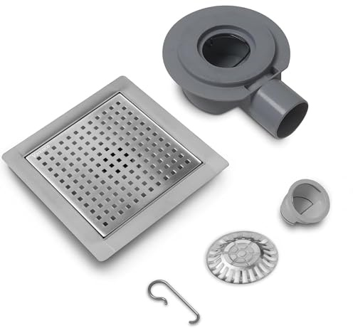 VANCOCO Gebürsteter Edelstahl Bodenablauf 150×150 mm Quadratisch | Randablauf mit 360° Siphon, Geruchsverschluss, Haarsieb und Dichtring für Badezimmer