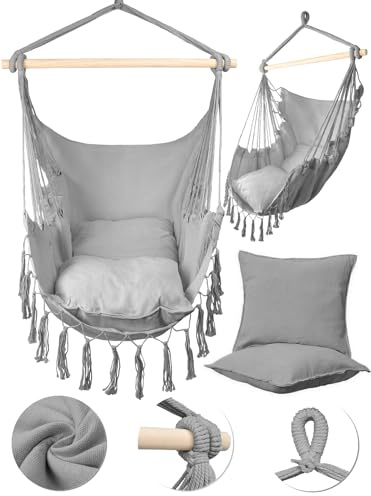 MalTec Hängesessel Gartensessel Brasilianischer Cocoon Stuhl mit Kissen Hängestuhl Indoor & Outdoor Grau Sessel zum Aufhängen bis 120kg belastbar