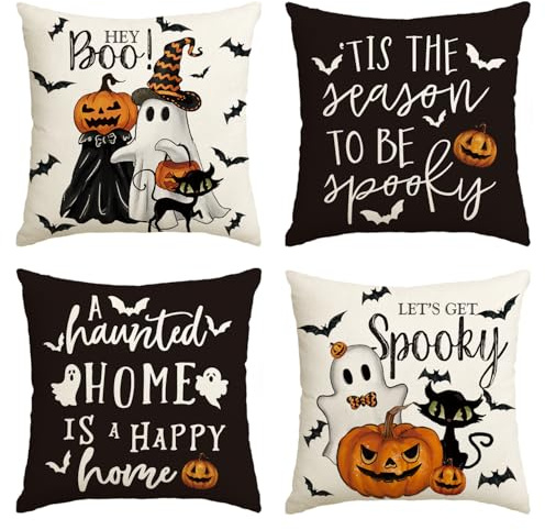 Artoid Mode Lot de 4 housses de coussin décoratives pour Halloween, motif citrouilles, fantôme, chat, 40 x 40 cm, Let's Get Spooky