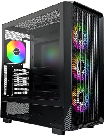 Montech X5- ATX Mid-Tower Gaming PC Case, High Airflow, 3X 140mm and 1x 120mm ARGB Fans Pre-Installed, Glass Side Panel, Carbon Print Accents, GPU Holder Included, Black