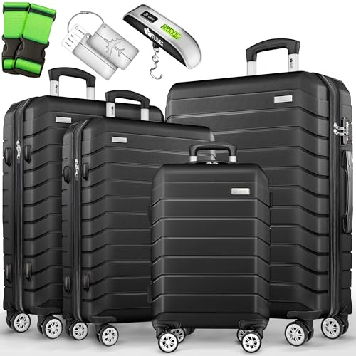 tillvex® Reisekoffer Set 4-teilig + Gepäckwaage, 8X Koffergurte & 4X Kofferanhänger | Kofferset 4 Rollen | Trolley Gepäck Koffer TSA Schloss | Hartschalenkofferset S-M-L-XL