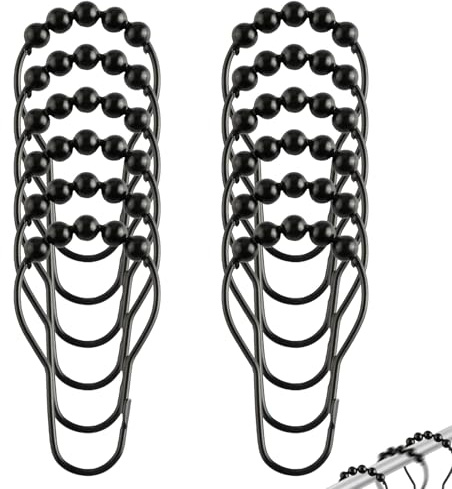 AURIVISTA Shower Curtain Hooks, Roller Balls Shower Curtain Rings, Rust Proof Black Shower Hooks, Easy Sliding Iron Shower Hooks for Bathroom Shower Curtain Rods, Set of 12