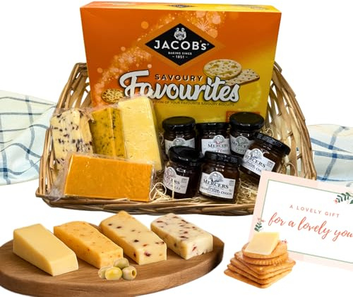 Cheese Hampers Basket Gift Set - 4x Cheeses Wedge, 6x Chutney, Crackers & Card - Cheeseboard Gift Set, Birthday Hampers for Men & Women, Cheese Selection Box, Fathers Day Hamper, Teachers Day Gift