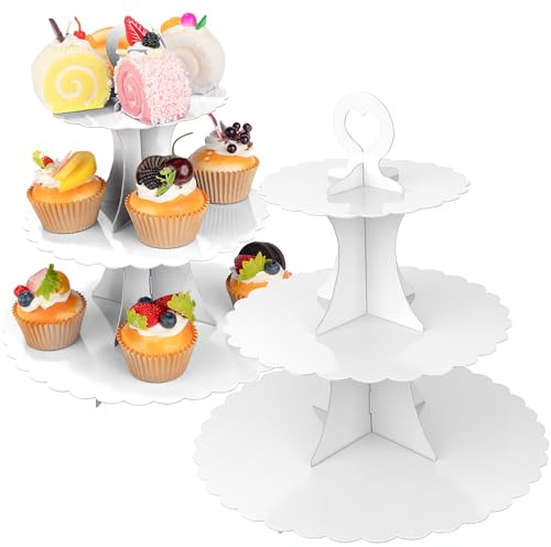 3-Tier Cupcake Stand 2 Pack Dessert Cup Cake Stand Tower Paper Round Cake Display Serving Plate for Anniversary Christening Disposable Pastry Holder for Birthday Wedding Party Decoration (White)