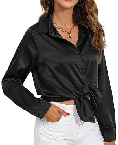 HANERDUN Blusas Elegantes para Mujer Camisas Casuales de Manga Larga de Satén Camisetas de Colores Lisos Blusas para Fiestas de Negocios