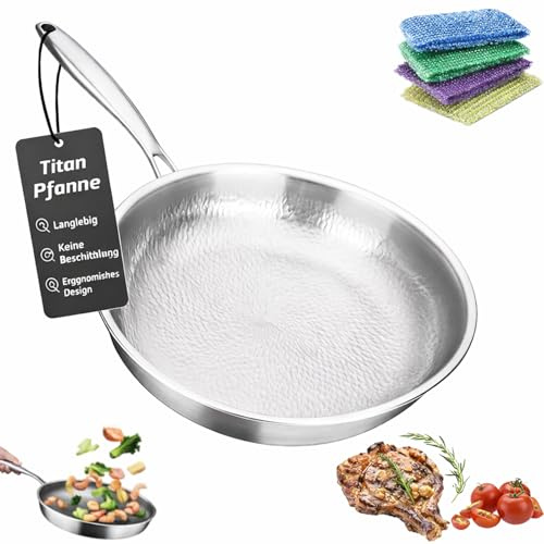 Padella in Titanio Puro Non Rivestita, Titanium Pro Premium 20/24/26/28/30 cm, Padella Spessa Ultra-Resistente e Antigraffio, Compatibile con Tutti i Piani Cottura (Coperchio Non Incluso, 20cm)