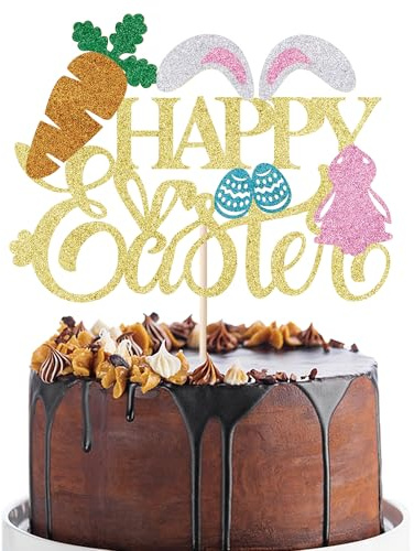 BIABISD Happy Easter Cake Topper, Gold Glitter Easter Rabbit Carrot Cake Decorations, Bunny Decorations for Themed Baby Shower, Kids Birthday Party Supplies, Easter Bunny Ear Cake Topper (Gold)
