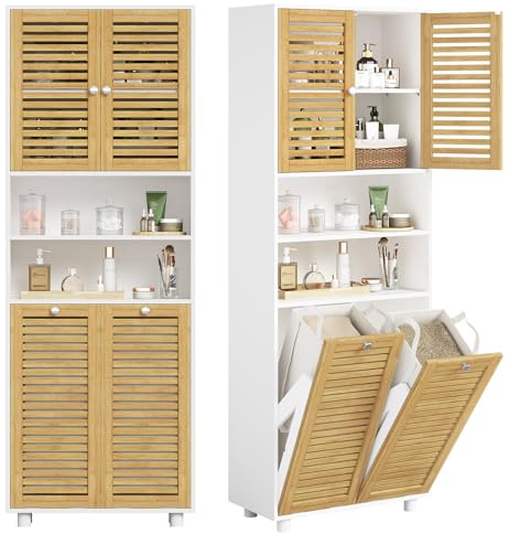 FORABAMB Badezimmerschrank mit Wäschekörbe, Badschrank mit 3 offenen Fächern und 2 Wäscheboxen, herausnehmbarer Wäschesack mit Griffen, Badezimmer Hochschrank mit verstellbare Ablage, 60 x 28 x 170 cm