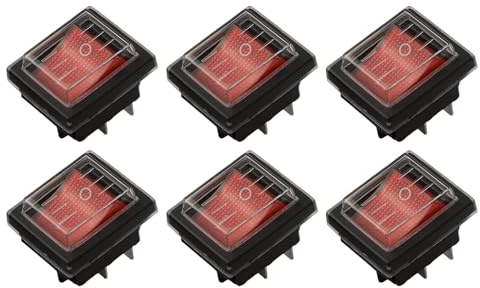 Wippschalter 4-polig mit rot beleuchtetem Licht und wasserdichter Abdeckung, 20A 36V unten, 6 Stück für Boot, Automobil, Elektronik, Industrieanwendungen