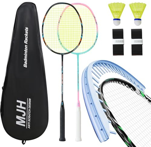 MANJHONG Adult Badminton Set with 2 Graphite Rackets - Anti Scratch Design | Protect String & Frame Design, Premium Paint Finish, One-Piece Built-in T-joint, Incl. Racket Bag, Shuttlecock & Grip Tape