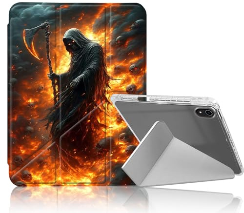 DISUOFEART for iPad 10th Generation Case, Hooded Figure with Scythe in Fiery Realm Clear Protective Cover with Pencil Holder, Multi-Angle Folding Y-Shaped Stand & Auto Sleep/Wake Function