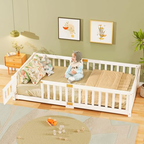 ZIKEBTUY Bodenbett mit Tür 90x200cm Montessori Kinderbett mit Rausfallschutz & Lattenrost Kiefer Massivholz bis 100 kg belastbar für Jungen Mädchen Kinder Bett