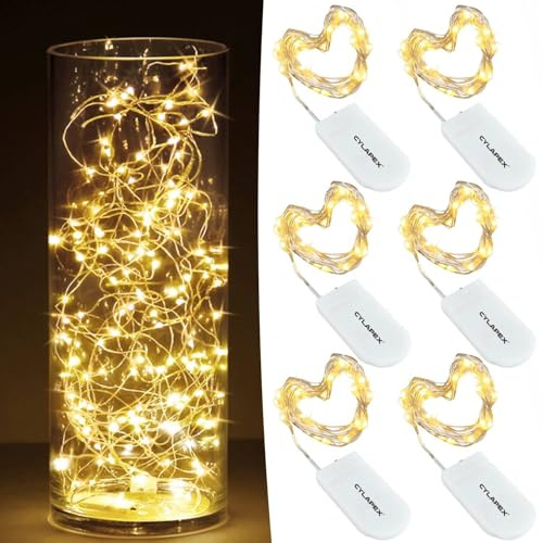 CYLAPEX Pack of 6 LED Starry String Lights with 20 Micro LEDs on 3.3feet/1m Silver Coated Copper Wire Fairy Lights Battery Powered by 2X CR2032(Incl) for Party Christmas Table Decorations Warm White