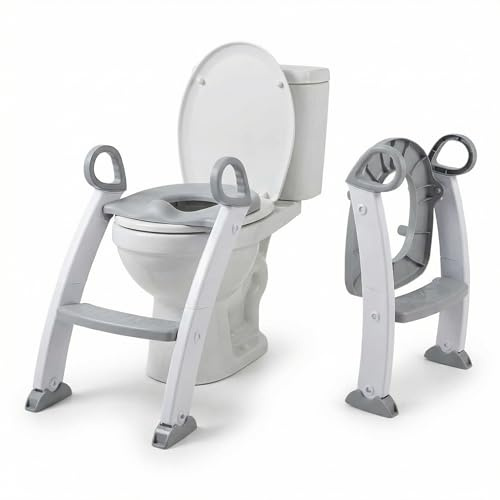 KidsBo Toilettentrainer & Toilettenleiter mit Treppe für Kinder, klappbarer Toilettenaufsatz Kinder, stufenlos höhenverstellbar, ergonomischer Sitz mit Spritzschutz, rutschfeste Füße, grau-weiß.