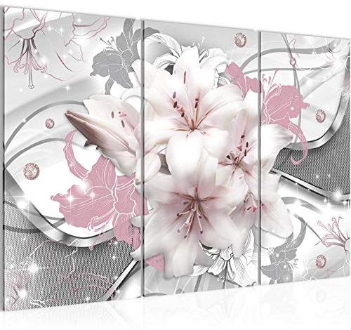 Runa Art Wandbilder Blumen Lilien Bild XXL Wohnzimmer Schlafzimmer Rosa Grau Abstrakt 120 x 80 cm 3 Teilig 016131b