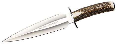 CARIBU Muela Cuchillo Hoja de Acero MoVa 22 cm y empuñadura de asta de Ciervo para Caza, Pesca, Supervivencia y Bushcraft + Portabotellas de Regalo