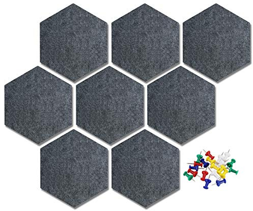 Felt Hexagon Bulletin Board with 20 Pins, Pack of 8 Self Adhesive Notice Boards for Home Office Kitchen, DIY Pin Board Wall Tiles for Photos Memos