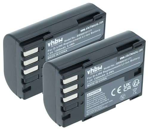 vhbw 2X Batterie Remplacement pour Pentax D-Li90 | pour appareil photo (1300mAh, 7,2V, Li-ion)