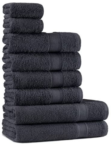 Tuiste Handtücher Set Anthrazit Grau | Baumwolle Handtuch Set 8 Teilig | 2X Badetücher Set, 4X Handtücher, 2X Gästetücher | Weich und Saugstark | Farbe : Anthrazit Grau