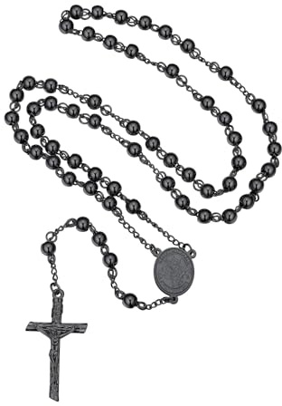FaithHeart Collar Rosario San Miguel Arcangel Hombre Mujer Cadena Negra Rosario Acero Inoxidable 316L Cruz Jesucristo Regalo Cumpleaños Aniversario