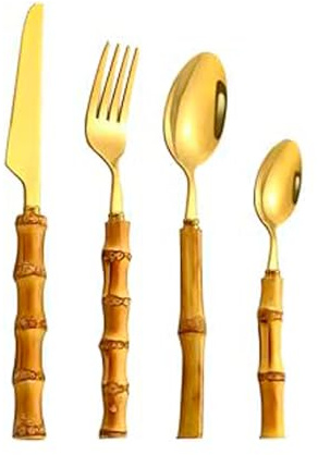 EME Set Cubertería Dorada 24 piezas con Mango de Bambú Natural. Incluye: 6 Cuchillo de mesa, 6 Cuchara de mesa, 6 Tenedor de mesa y 6 Cuchara de café postre.