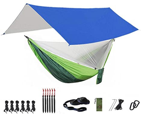 Schaukel Camping-Hängematte mit Netz- und Regenrechenetarp, 118 * 118 Zoll, tragbarer wasserdicht und Uv. Resistentes Hängemattenzelt for Innen, im Freien Schaukelsitz ( Color : Blue and lightgreen )