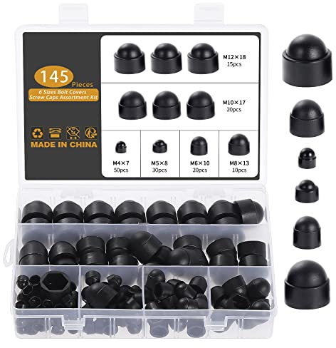 Gueenky 145 Pièces Cache Ecrou, M4 M5 M6 M8 M10 M12 Cache Boulon Noir Bouchon Ecrou Cache Tete de Vis Capuchon Ecrou, Hexagonal Protection Cache pour Écrous Vis Boulons
