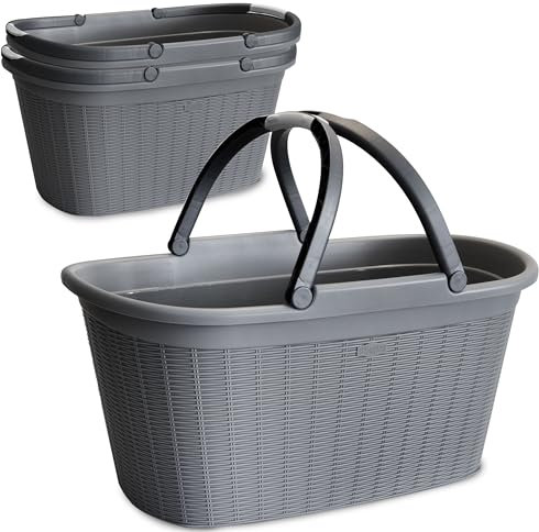 3x Wäschekorb 35 Liter hell-grau mit 2 Henkeln - 57,5x37x29 cm Rattan-Design ohne Löcher Haushaltskorb Wäschewanne Tragekorb Wäschesammler Wäschesortierer Wäschebox - Aufbewahrung Kunststoff