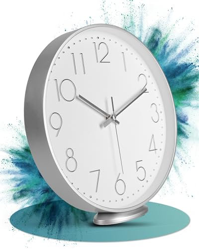LATENO - Wanduhr Silber - Zum Aufstellen oder Aufhängen - 30 cm - Lautlos - Klassisch und Modern - Quarz Uhrwerk Ohne Tickgeräusche - Für Wohnzimmer Büro UVM