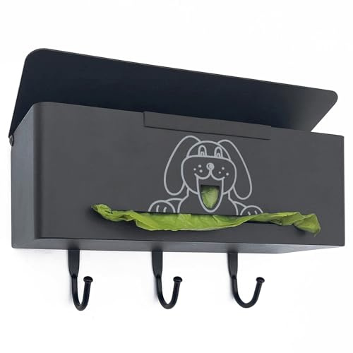 Poop Bag Holder Wall Mount Dog Poop Bag Dispenser with Hooks 200/300 Single Large Roll Pet Waste Station Bags Dispenser Indoor, Metal, Black