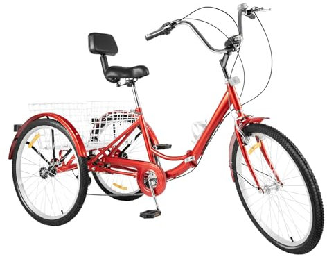 24 Zoll Dreirad für Erwachsene, 7-Gang 3-Räder Fahrrad, Klappbar Lastenfahrrad mit Einkaufskorb, Led Licht Becherhalte, für Älteres Dreirad, Einkaufen, Verkehr
