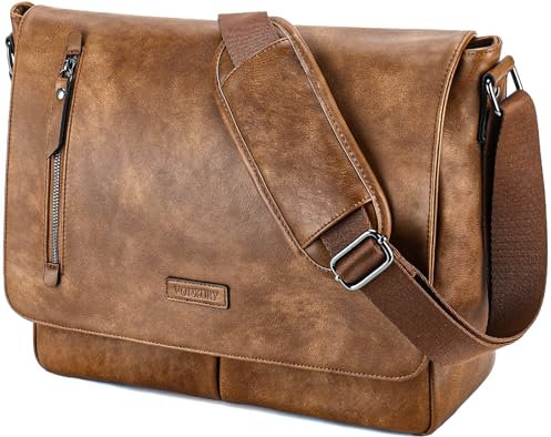 VX VONXURY Umhängetasche Herren und Damen, Vegan Leder 14 Zoll Laptoptasche Messenger Bag Arbeitstasche für Arbeit Schule(Braun)